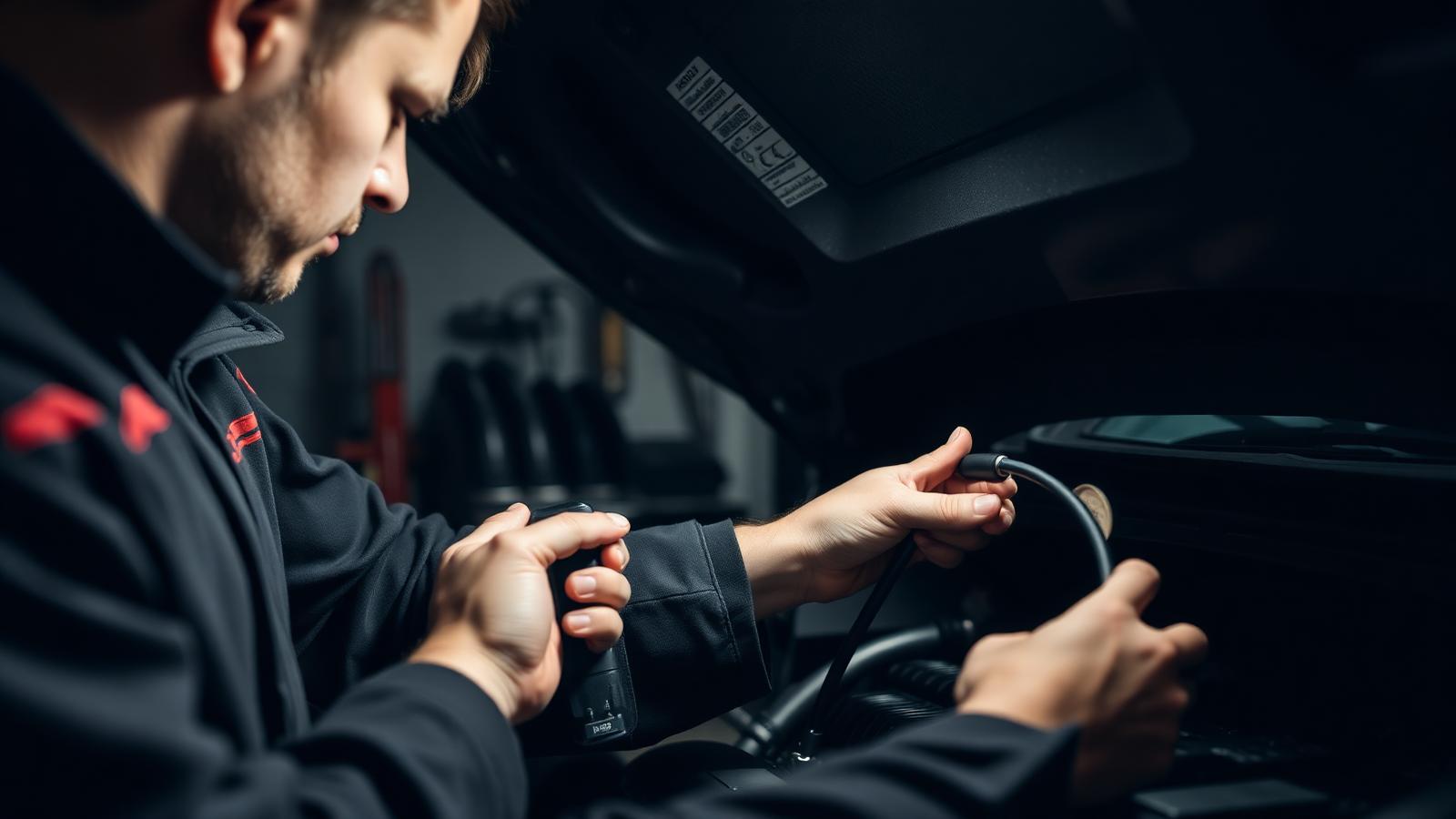 Mekaniker forbinder diagnostiske kabler til bil under akut fejlfinding